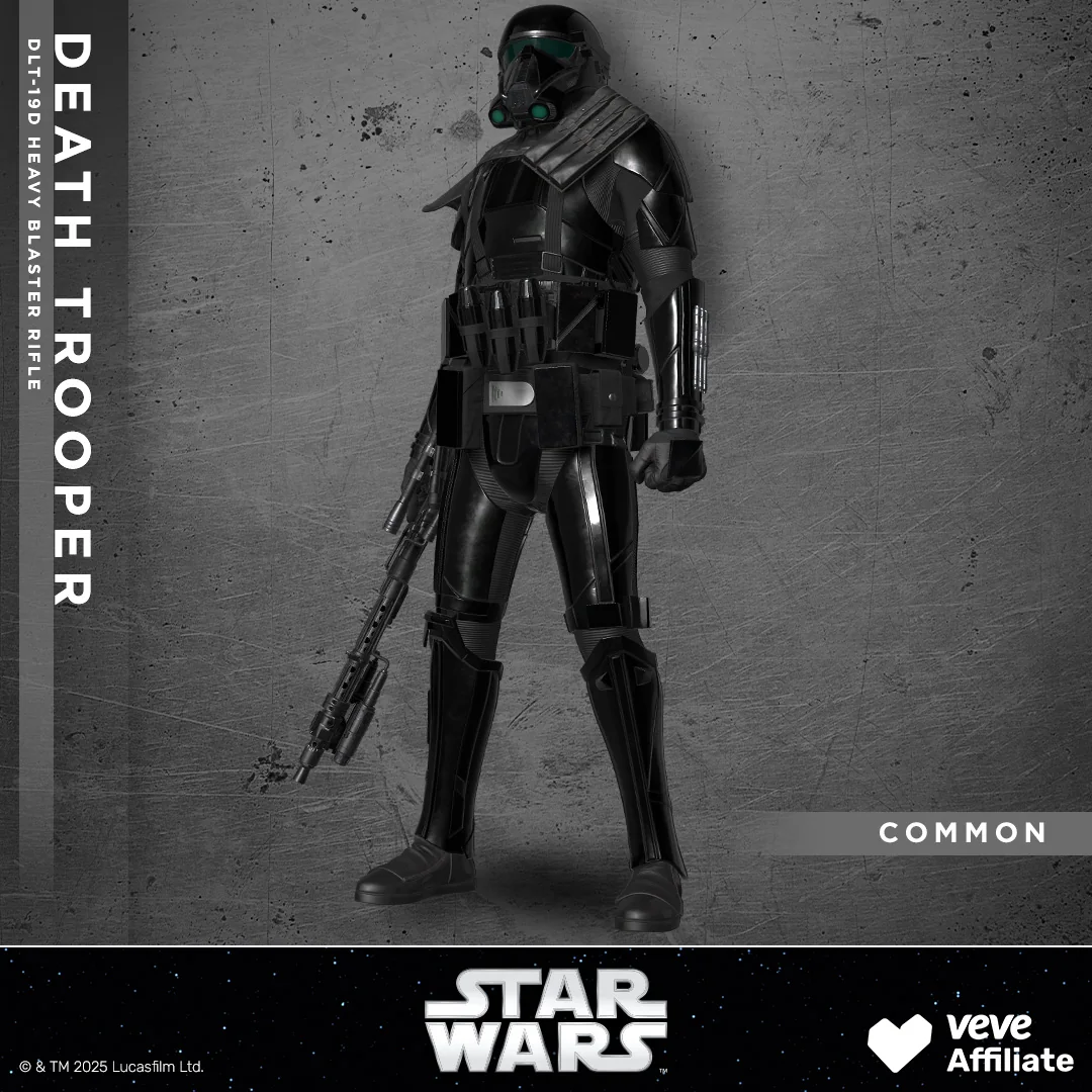 Ganzkoerper-Ansicht eines Death Trooper mit DLT-19D Heavy Blaster Rifle; im Motiv ist die Raritaet als Common markiert.
