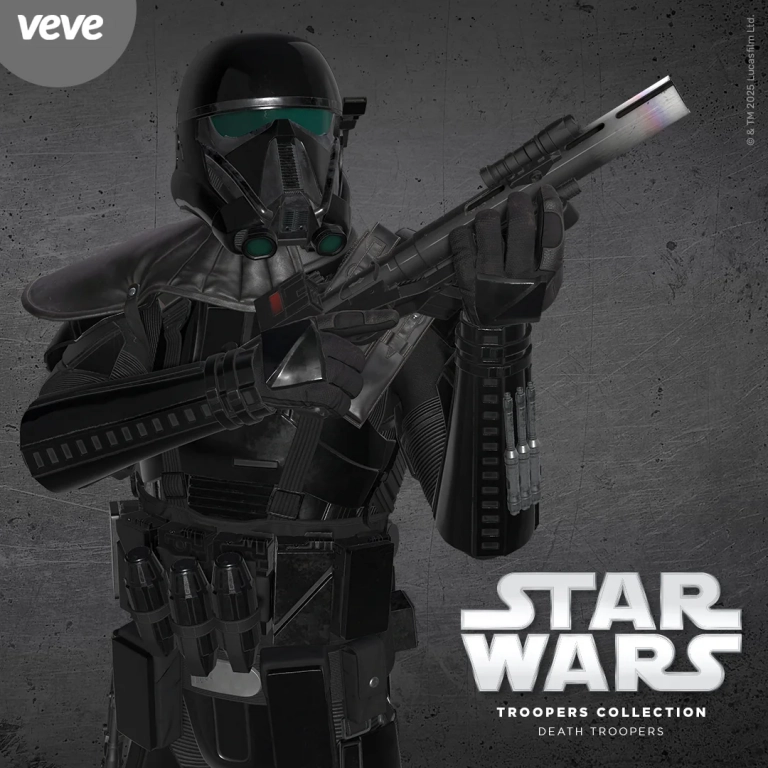 Key Visual zu VeVe Star Wars: Death Troopers Series 1 – Death Trooper in schwarzer Ruestung mit Waffe vor grauem Hintergrund.