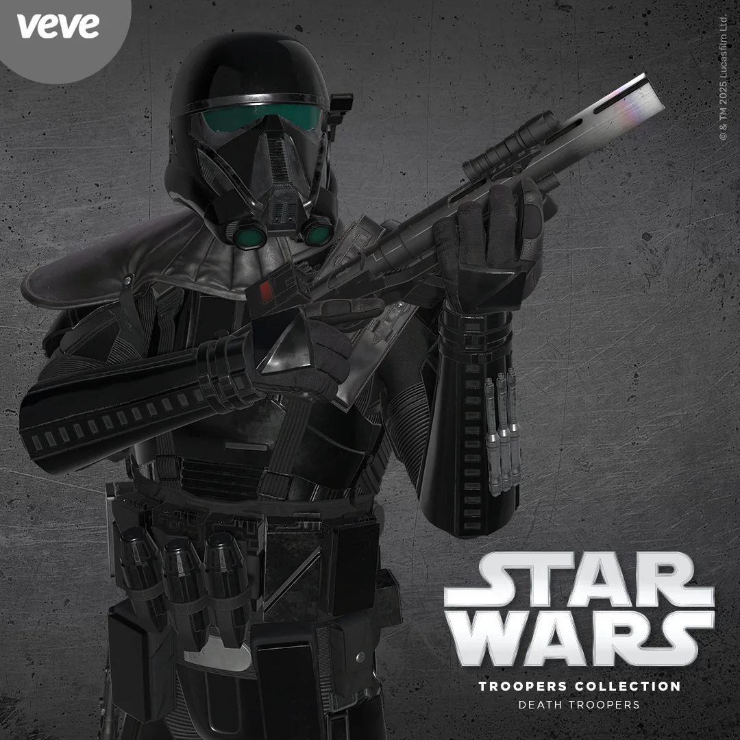 Key Visual zu VeVe Star Wars: Death Troopers Series 1 – Death Trooper in schwarzer Ruestung mit Waffe vor grauem Hintergrund.