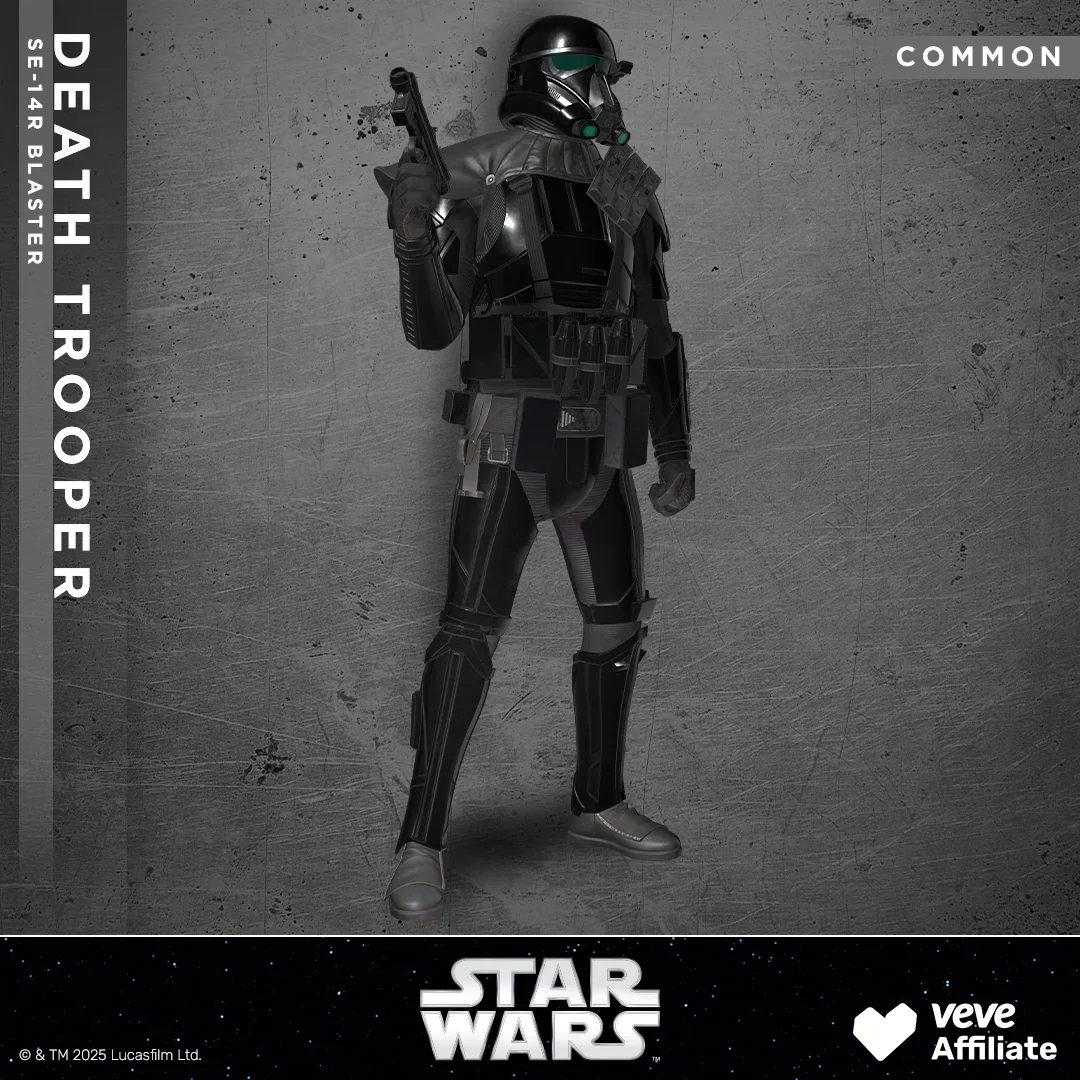 Ganzkoerper-Render eines Death Trooper mit SE-14r Blaster; oben rechts ist die Raritaet als Common eingeblendet.