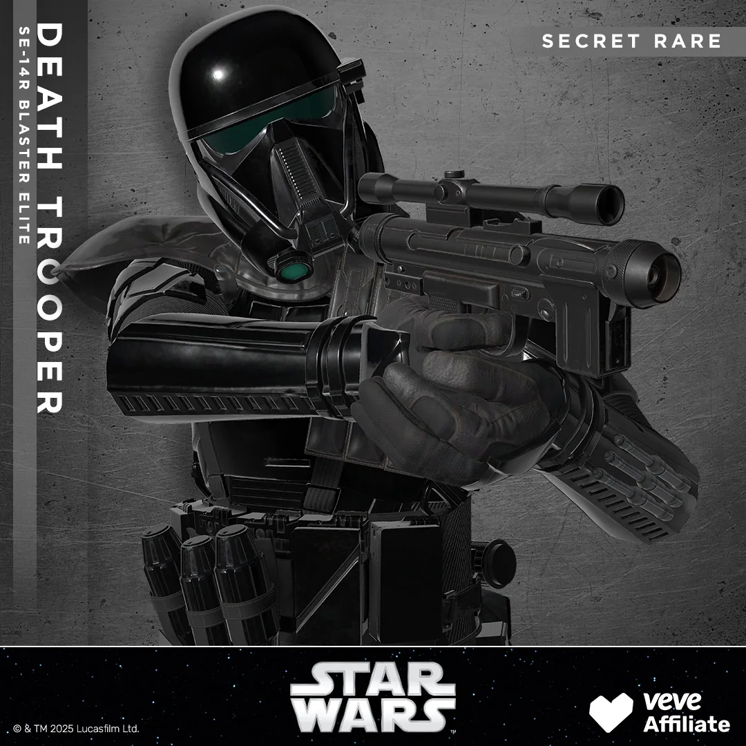 Close-up eines Death Trooper mit SE-14r Blaster Elite; im Bild ist die Raritaet als Secret Rare markiert.