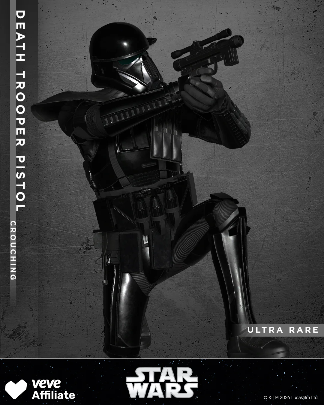 VeVe Asset: Death Trooper Pistol (Crouching) aus Star Wars Death Troopers Series 2, kniende Kampfpose mit Raritaetslabel und Logo.