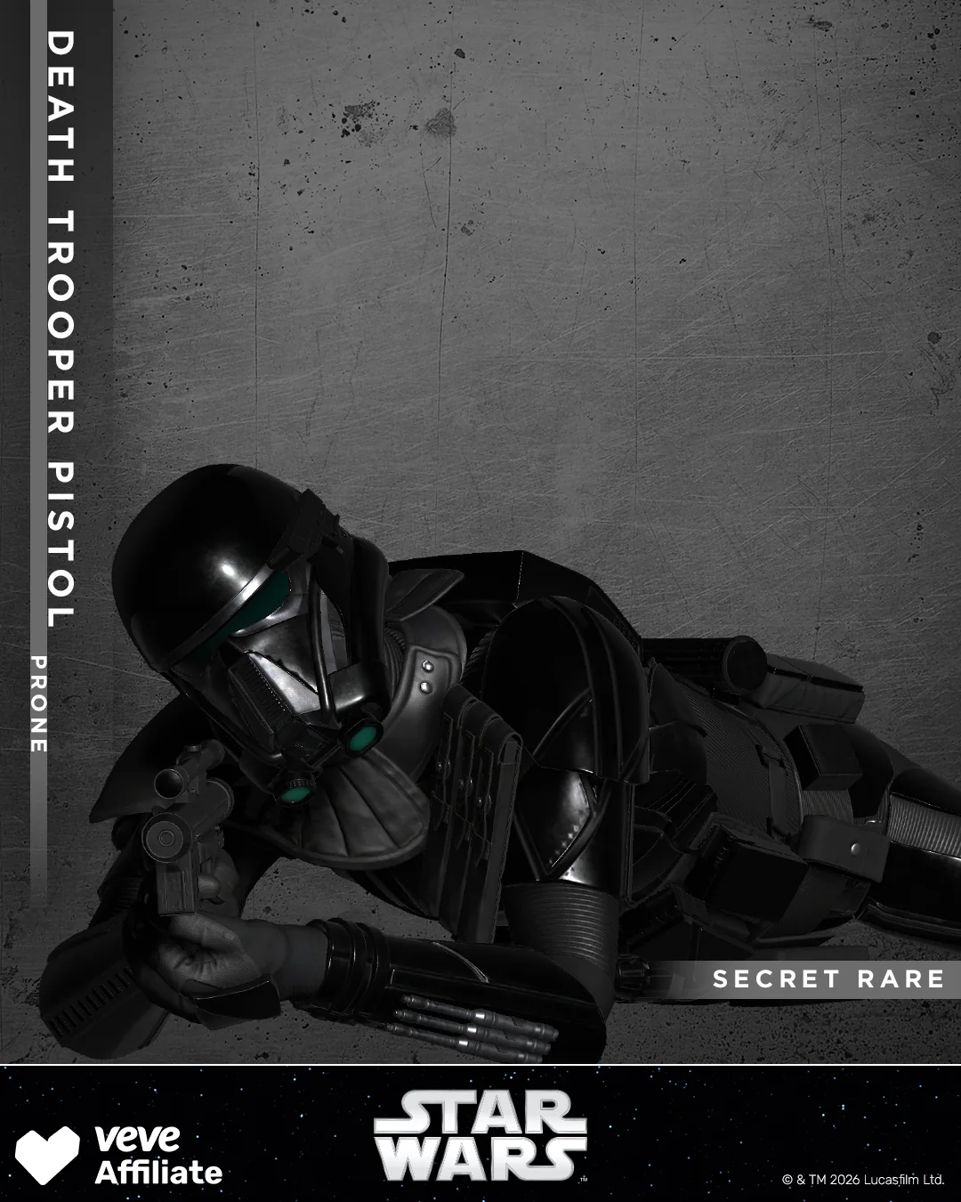 VeVe Asset: Death Trooper Pistol (Prone) aus Star Wars Death Troopers Series 2, liegende Kampfpose mit Raritaetslabel und Troopers-Collection-Logo.