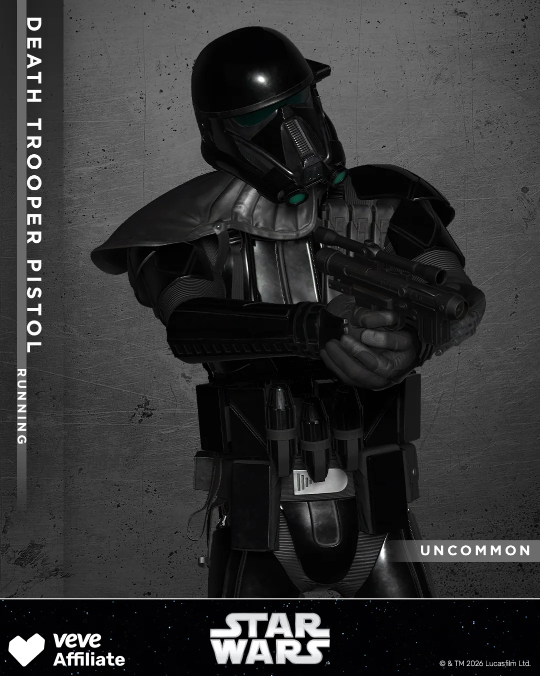 VeVe Asset: Death Trooper Pistol (Running) aus Star Wars Death Troopers Series 2, mit Raritaetslabel und Troopers-Collection-Branding.