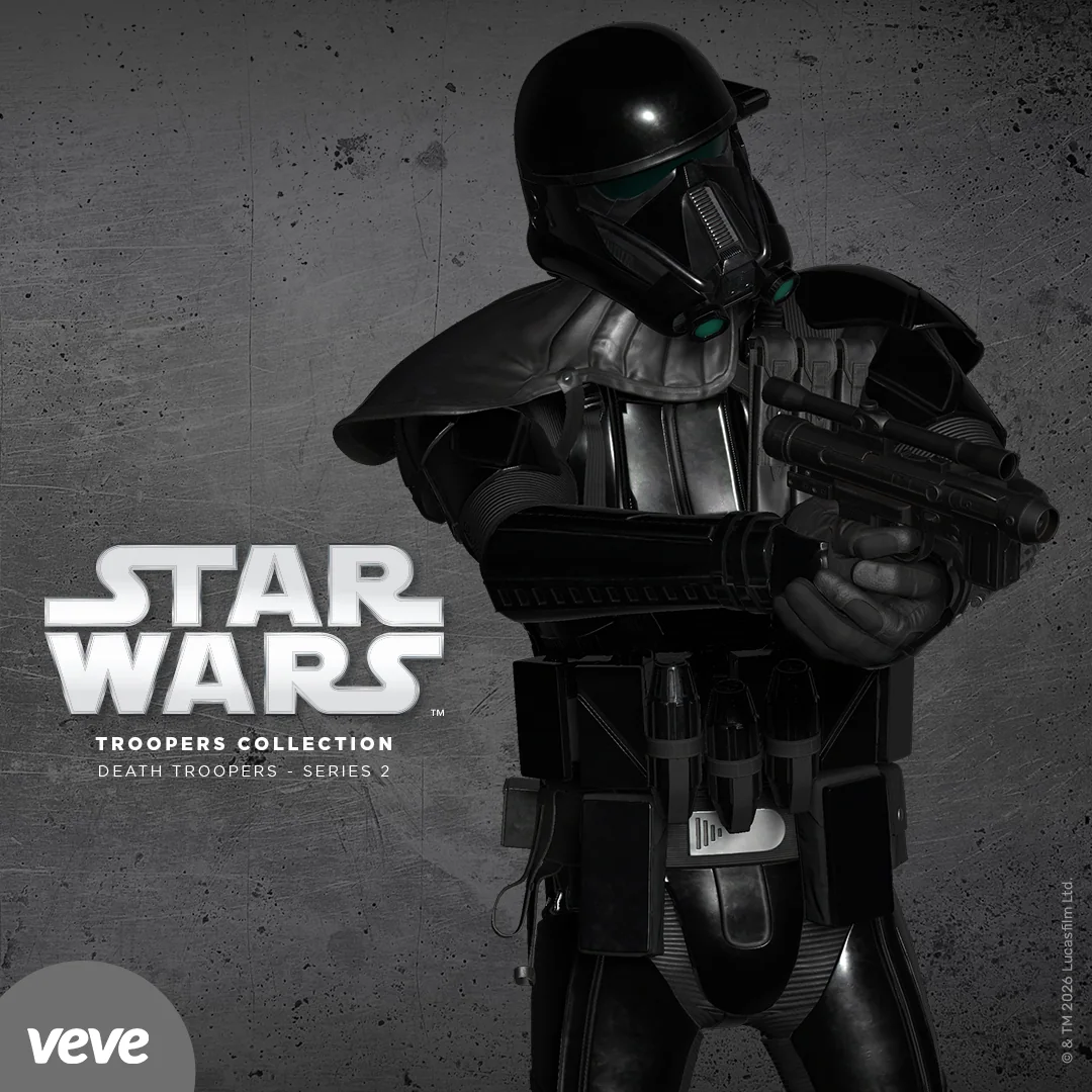 Offizielles Key Art zu VeVe: Star Wars Death Troopers Series 2 mit Death Trooper in schwarzer Ruestung, Blaster und Serien-Titel.