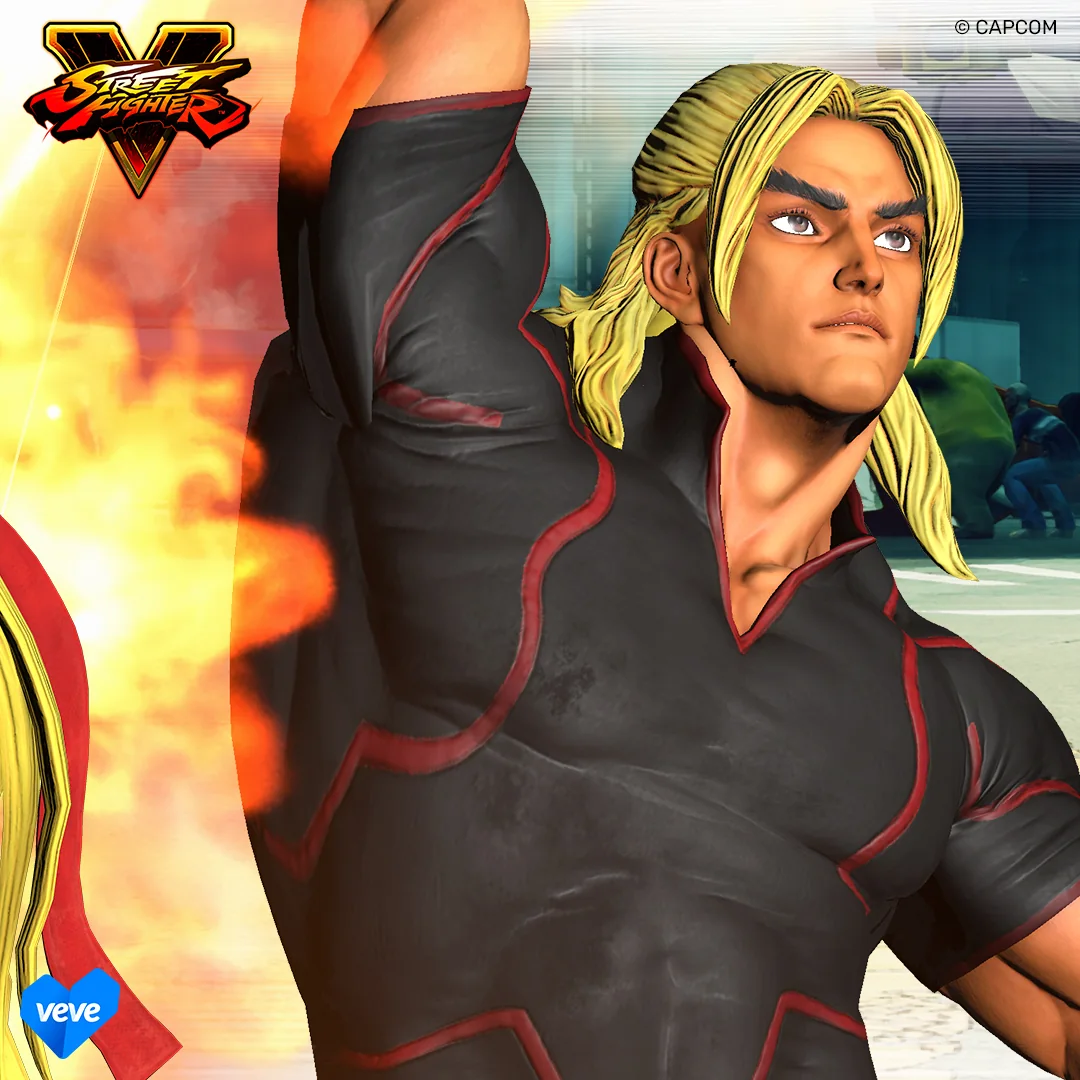 Street Fighter V: Ken in dynamischer Pose mit Flammen-Effekt als VeVe Exclusive Promo-Visual, inklusive Street-Fighter-V-Logo und VeVe Branding.