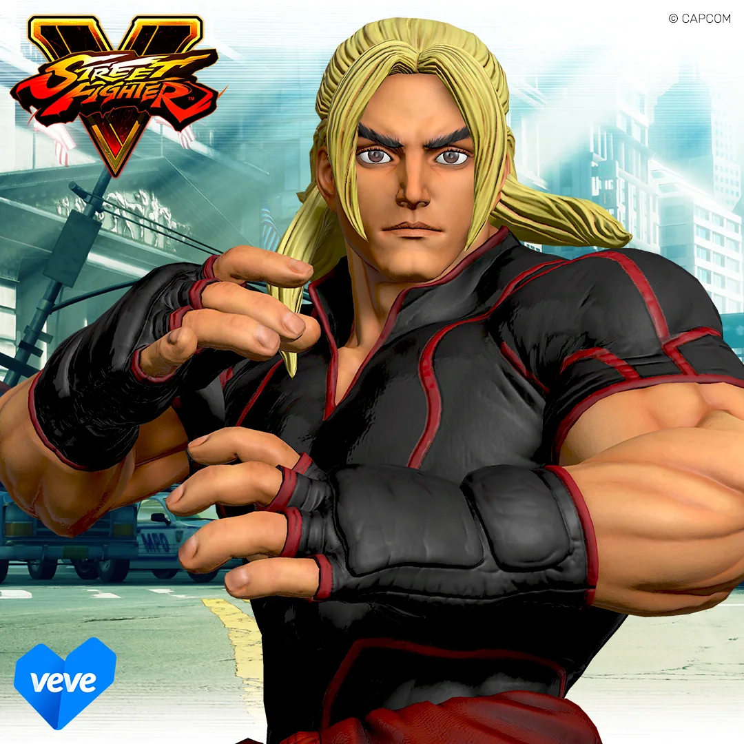 Street Fighter V: Ken als VeVe Exclusive Key Visual im schwarz-roten Gi mit Street-Fighter-V-Logo und VeVe Branding.