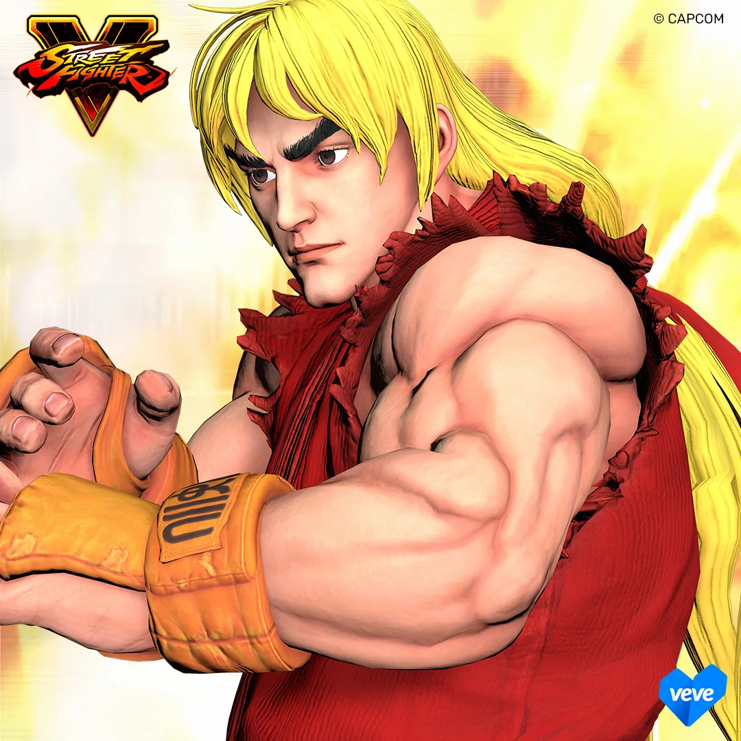 Ken aus Street Fighter V im roten Gi als VeVe Exclusive Artwork in Nahaufnahme, mit Street-Fighter-V-Logo und Capcom Hinweis.