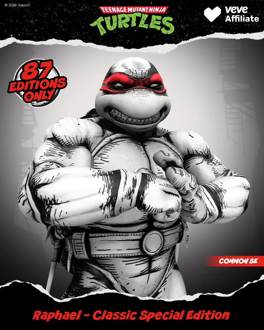 TMNT Raphael Classic Special Edition auf VeVe im schwarz-weißen Comic-Stil mit roter Maske und Sammlerrahmen.