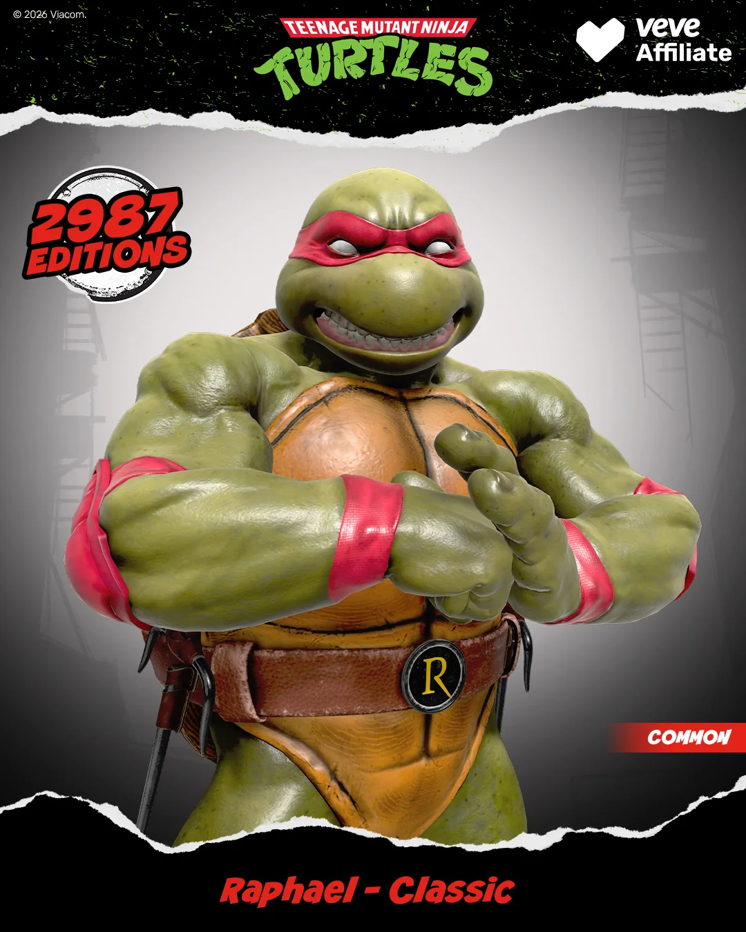 TMNT Raphael Classic auf VeVe mit Editionshinweis, Common-Label und klassischem Farblook vor grauem Hintergrund.