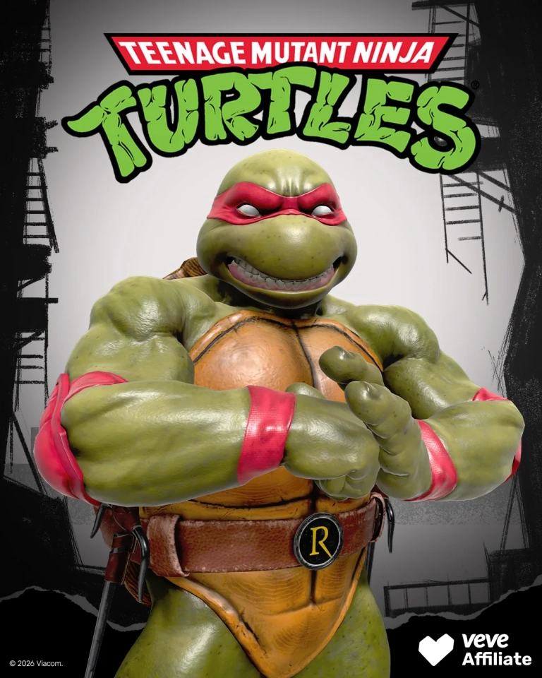 Hero-Motiv von TMNT Raphael auf VeVe mit roter Maske, verschraenkten Armen und grossem Teenage Mutant Ninja Turtles Logo.