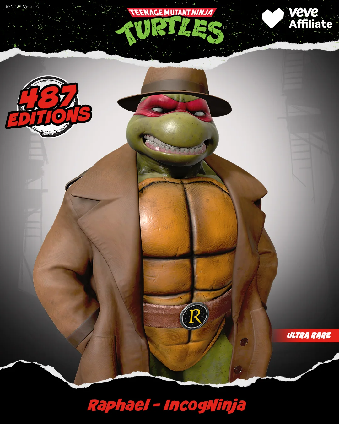 TMNT Raphael IncogNinja auf VeVe mit Trenchcoat und Hut als Ultra-Rare-Variante im Sammlerlayout.