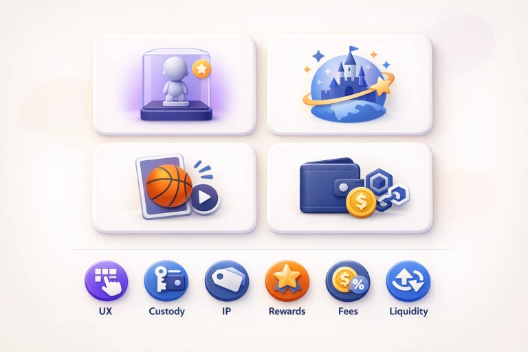 Infografik mit vier Plattform-Karten und sechs Vergleichs-Icons zu UX, Custody, IP, Rewards, Gebühren, Liquidität (VeVe).