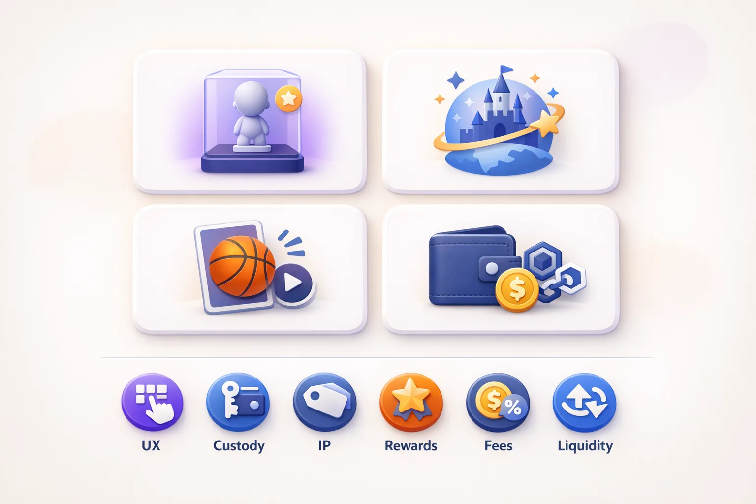 Infografik mit vier Plattform-Karten und sechs Vergleichs-Icons zu UX, Custody, IP, Rewards, Gebühren, Liquidität (VeVe).