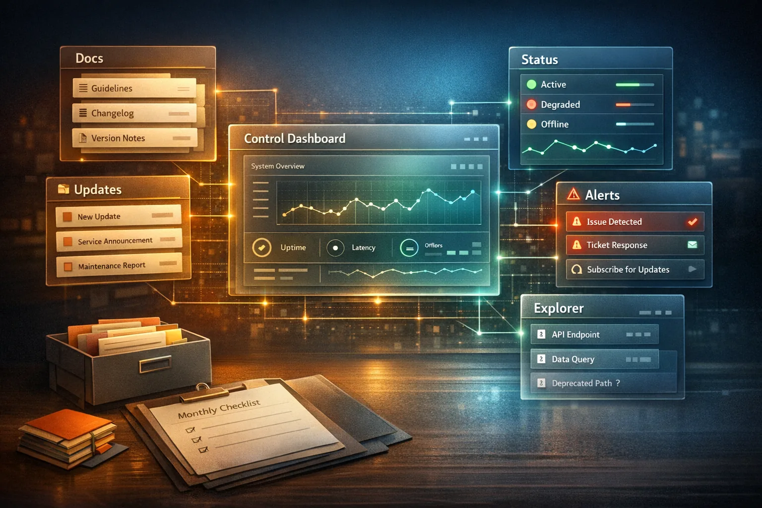 Monitoring-Dashboard mit Docs, Blog, Status und API-Signalen für alte Explorer- und Read-API-Pfade im VeVe-Kontext.