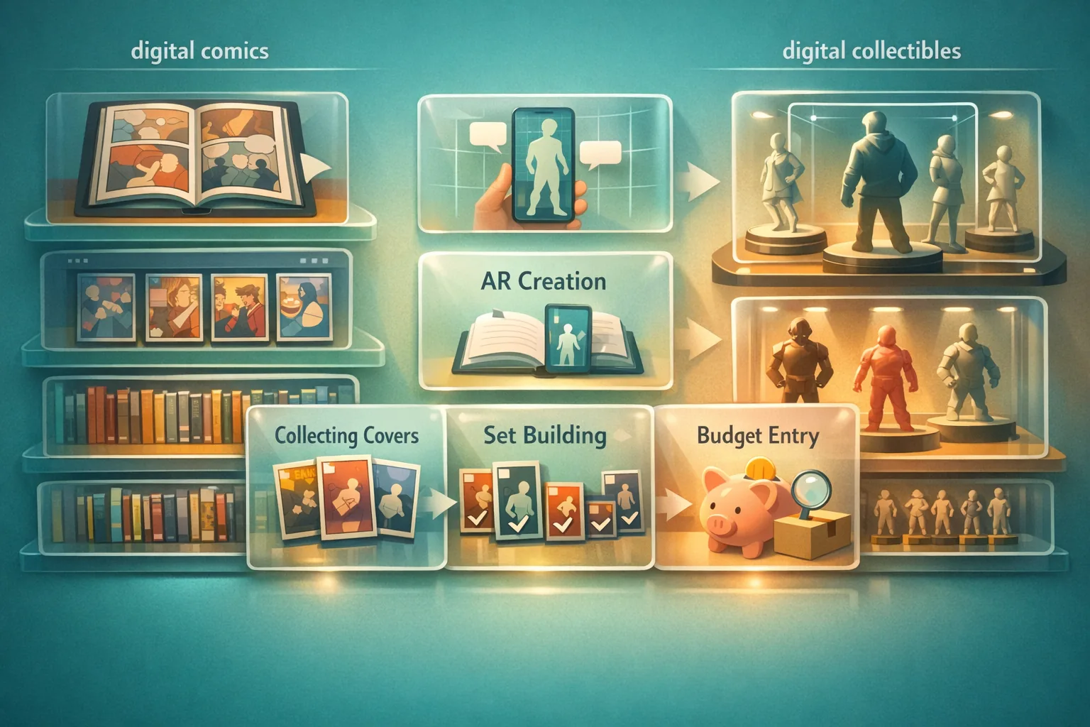 Matrix mit Sammelzielen wie Lesen, AR, Showroom, Cover, Sets und Budget-Test, gegenübergestellt für Comics und Collectibles.