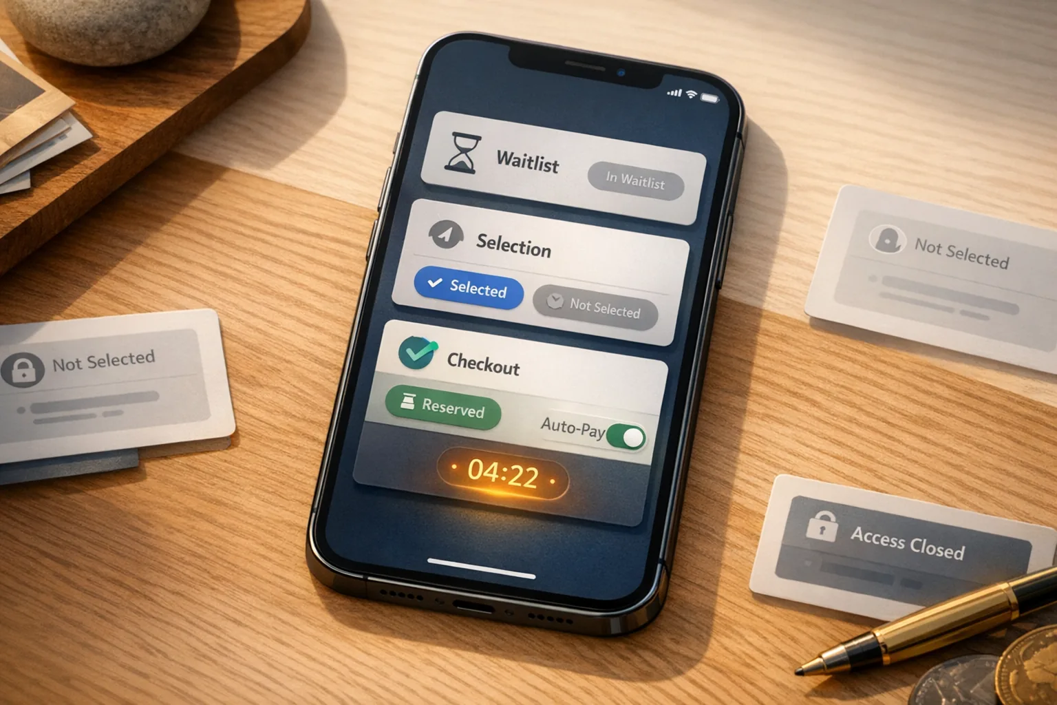 Smartphone mit Drop-Flow: Waitlist und Auswahl getrennt vom Checkout, Auto-Pay erst im reservierten Kauf mit Timer, VeVe