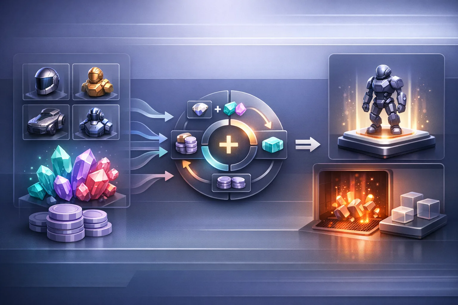Infografik zur Crafting-Gesamtrechnung mit Basis-Items, Gems, MCP, Burn-Verbrauch und neutraler Scarcity-Zone im VeVe-Kontext.