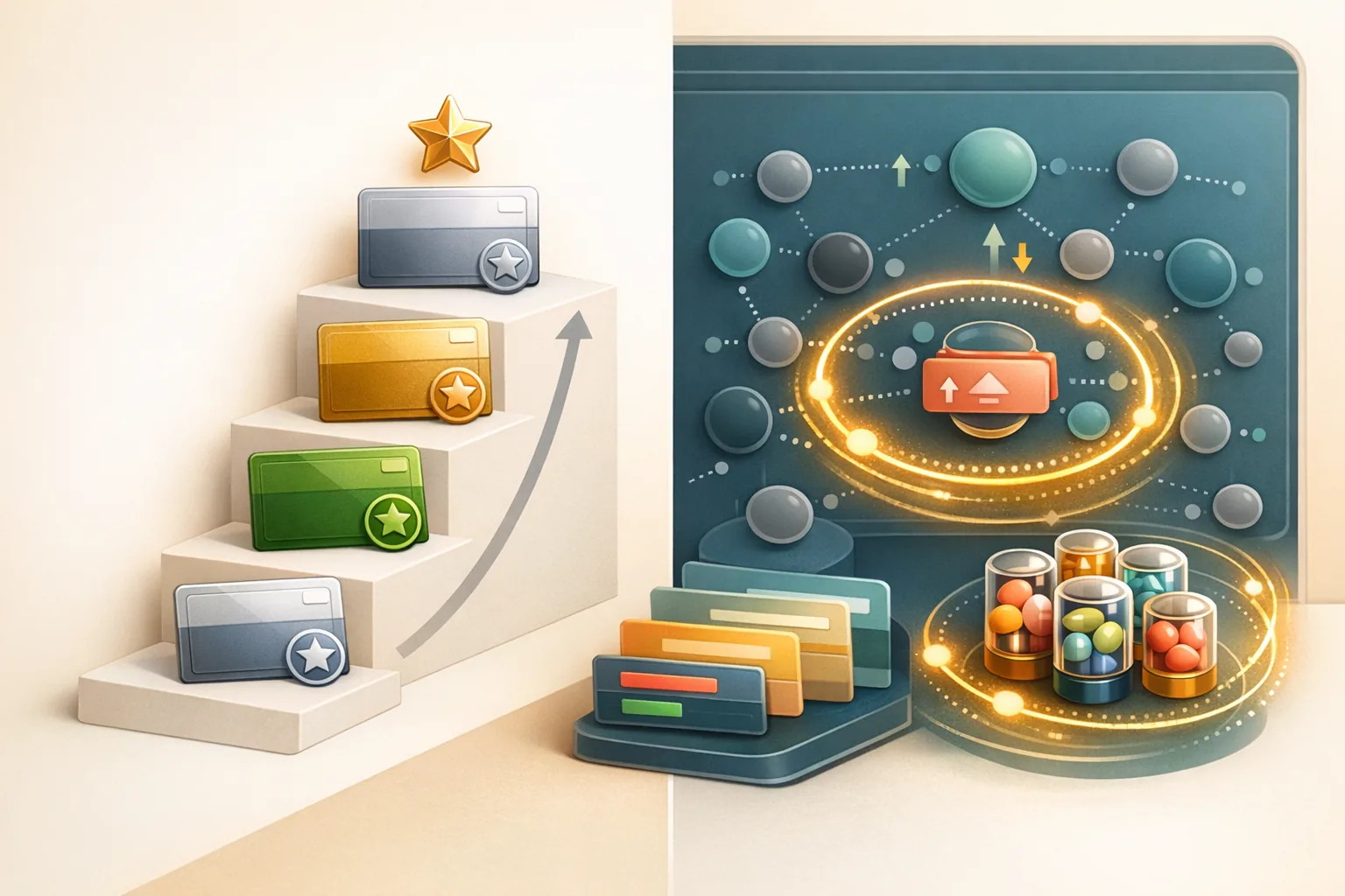 Vergleichsgrafik: feste Tier-Treppe links, beweglicher MCP-Rank rechts mit Set-Logik, Daily Points und Community-Bezug.