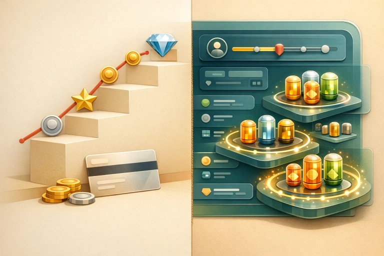 Split-Infografik: links klassisches Loyalty-Programm mit Punkten und Tiers, rechts VeVe MCP mit Sets, Daily Asset Points, Levels und Rank.