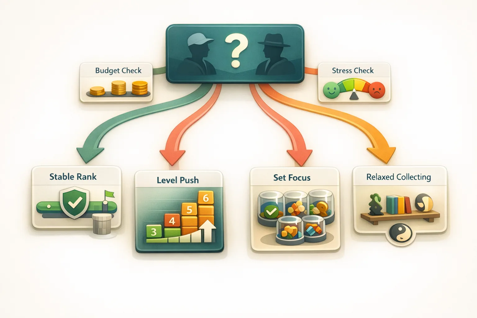Entscheidungsbaum für VeVe MCP: Sammler-Typen führen zu Zielen wie stabiler Rank, Level-Push, Set-Fokus oder entspanntes Sammeln.