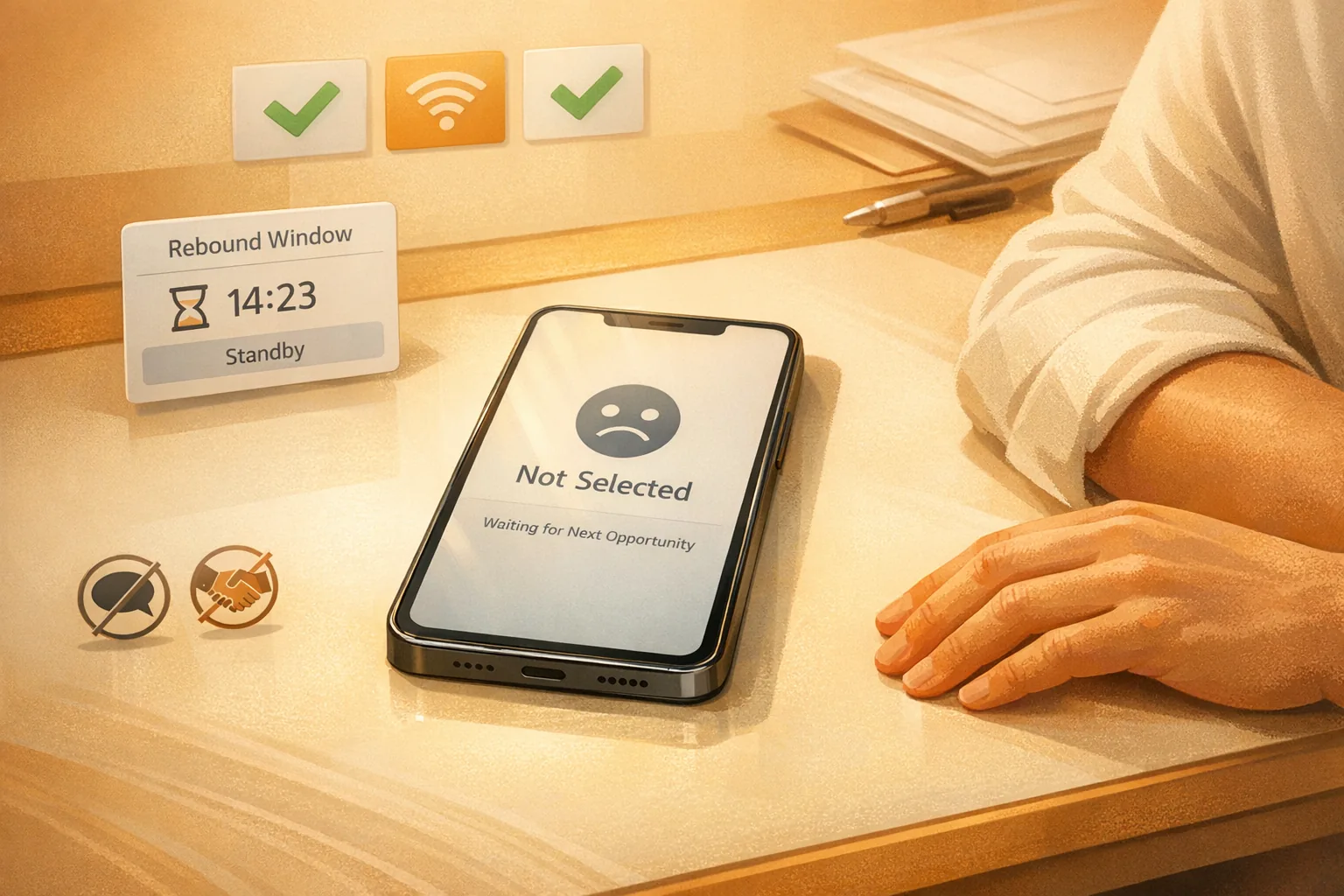 Smartphone mit neutralem Nicht-Auswahl-Status, Rebound-Hinweis und Symbolen gegen DMs oder Off-Platform-Deals, VeVe