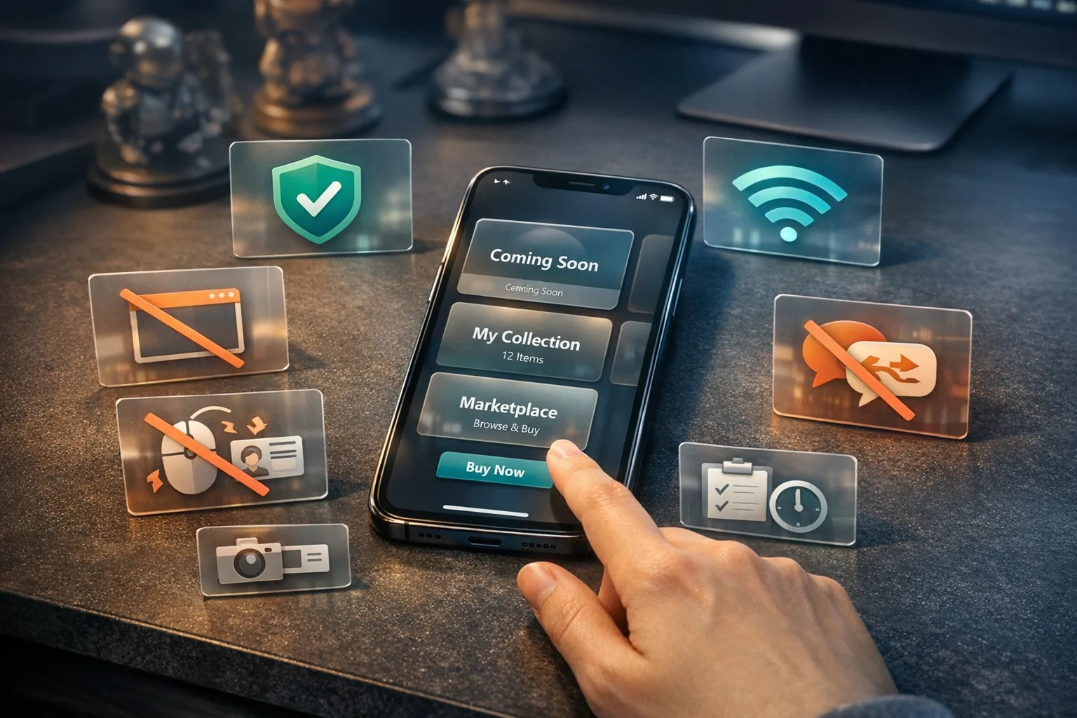 Sauberes Drop-Setup mit Smartphone, stabilem Verbindungs-Symbol und Verboten für Emulator, Auto-Clicker und DMs auf VeVe.