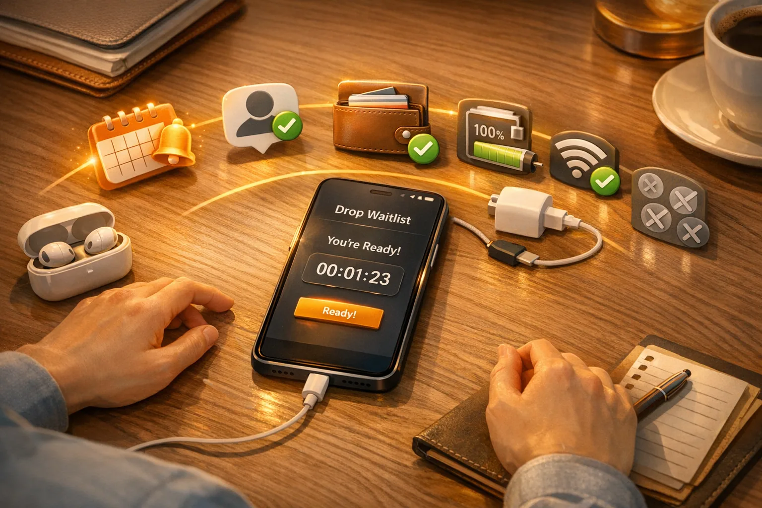 Smartphone mit Pre-Drop-Timeline: Reminder, offene App, Zahlungsbereitschaft, Stromsparmodus aus und stabile Verbindung, VeVe