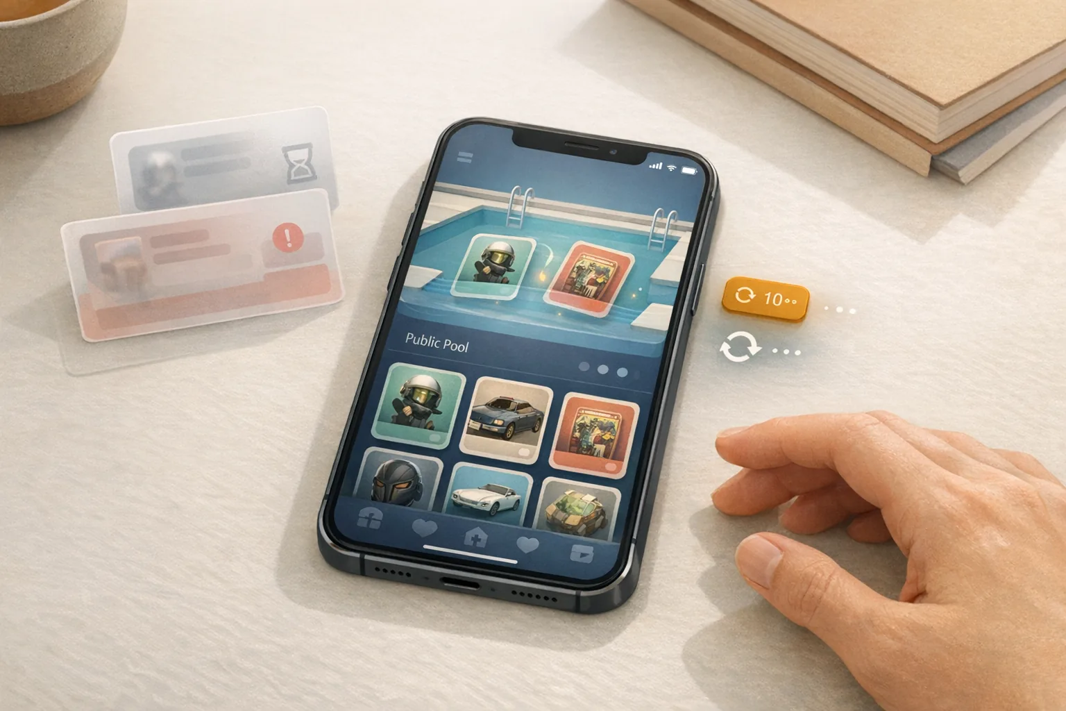 Smartphone mit öffentlichem Pool und möglichen Rückläufern nach unvollständigem Kauf, dazu kurzer Nachcheck statt Dauer-Refresh, VeVe