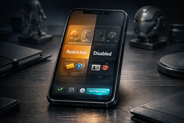Smartphone mit „Restricted“/„Disabled“-Status, sichtbaren Collectibles sowie Support- und KYC-Hinweisen für VeVe.