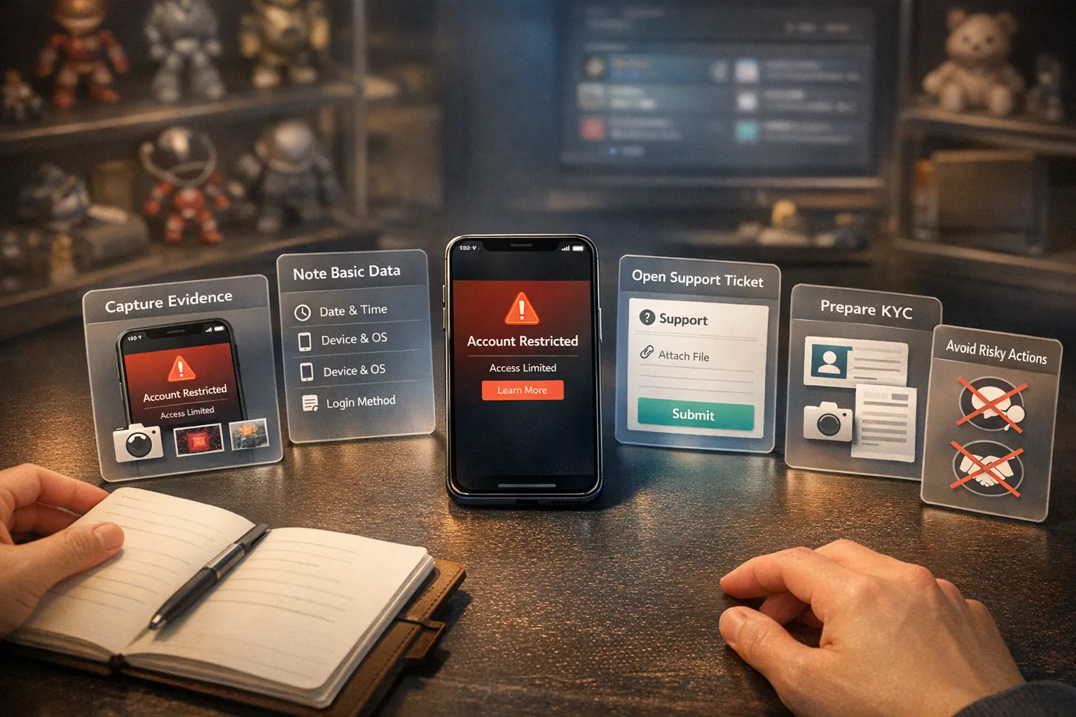 Smartphone mit fünf Recovery-Schritten: Screenshots, Basisdaten, Support-Ticket, KYC und Verzicht auf DMs oder Off-App-Deals.