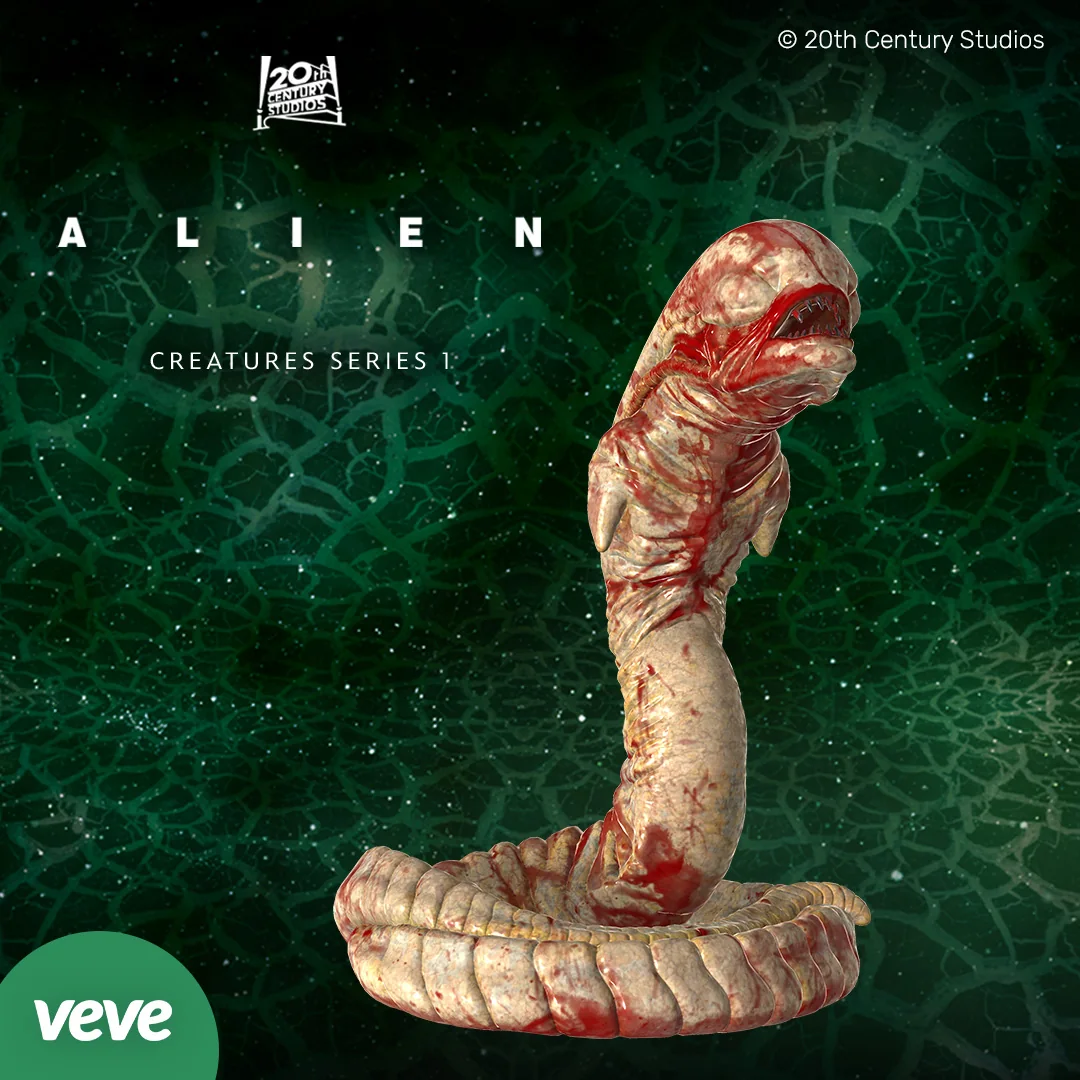 Chestburster aus Alien als VeVe 3D-Collectible vor grüner Kulisse, blutig inszeniert und zentral freigestellt.