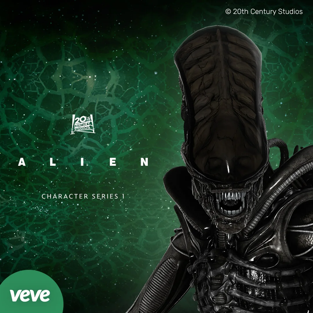 VeVe-Motiv des Xenomorph aus Alien vor grüner Sci-Fi-Kulisse mit Serienhinweis und 20th Century Studios Branding.