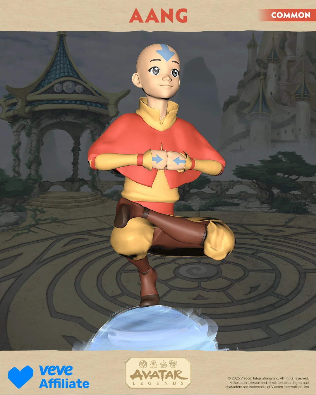 Aang als Common-Variante des VeVe Collectibles vor Tempelkulisse, schwebend auf einer Luftkugel.
