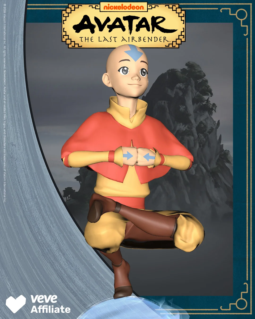 Aang aus Avatar: The Last Airbender als VeVe Digital Collectible in schwebender Pose vor stilisiertem Hintergrund.