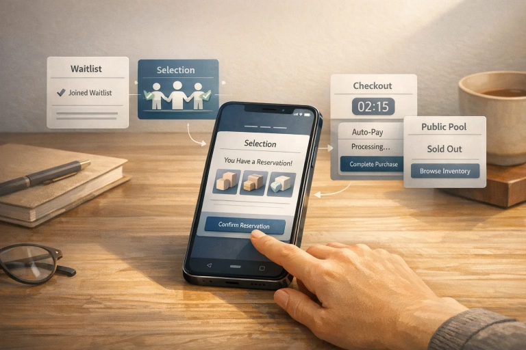 Smartphone mit schemischem Drop-Ablauf von Waitlist über Auswahl und Auto-Pay bis zum möglichen Rückfall in den Pool, VeVe