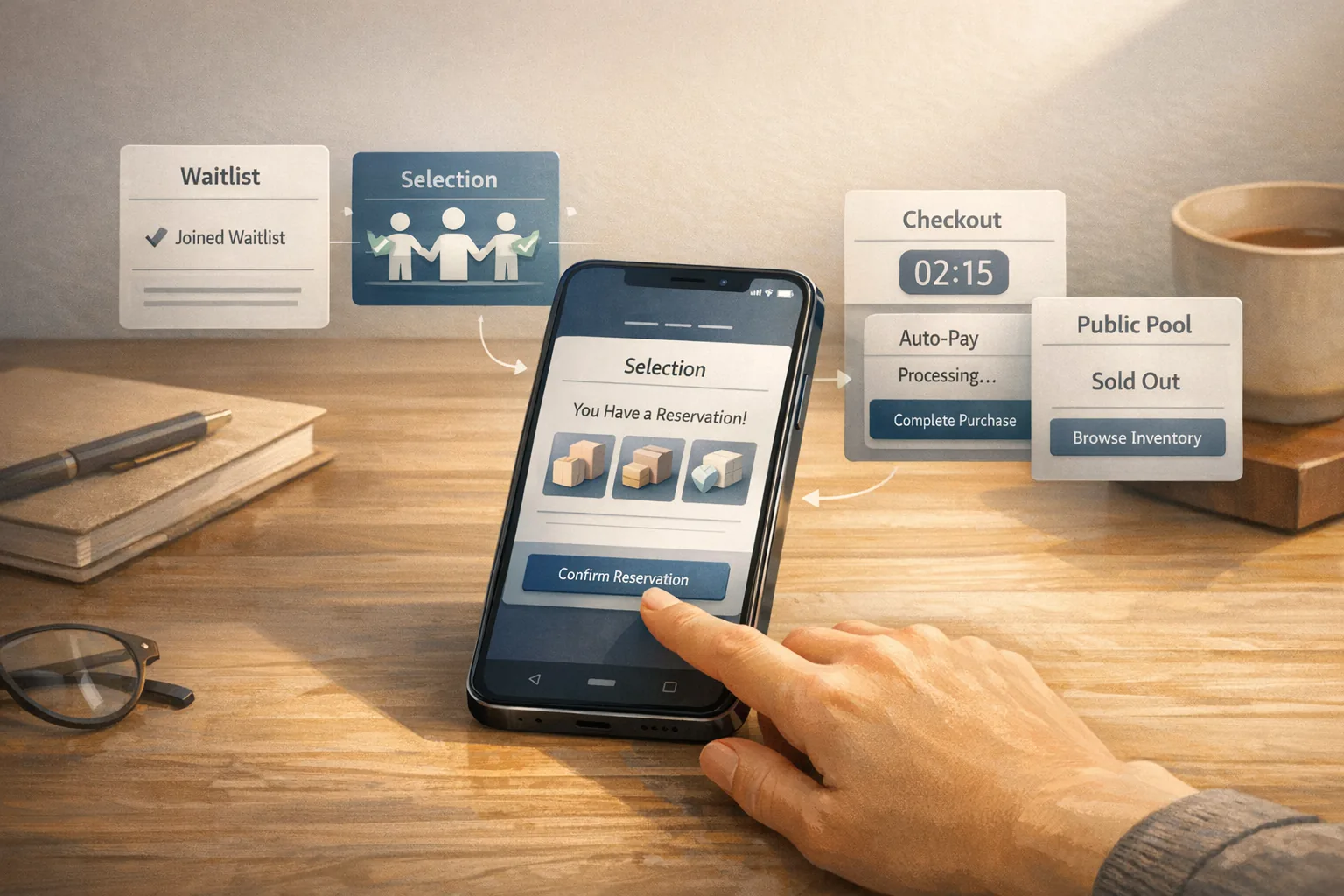 Smartphone mit schemischem Drop-Ablauf von Waitlist über Auswahl und Auto-Pay bis zum möglichen Rückfall in den Pool, VeVe