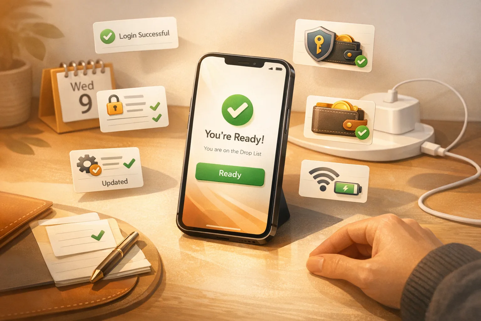 Smartphone mit ruhiger Drop-Ansicht, Checkkarten für Login, 2FA, Gems, Update und Verbindung auf aufgeräumtem Desk, VeVe