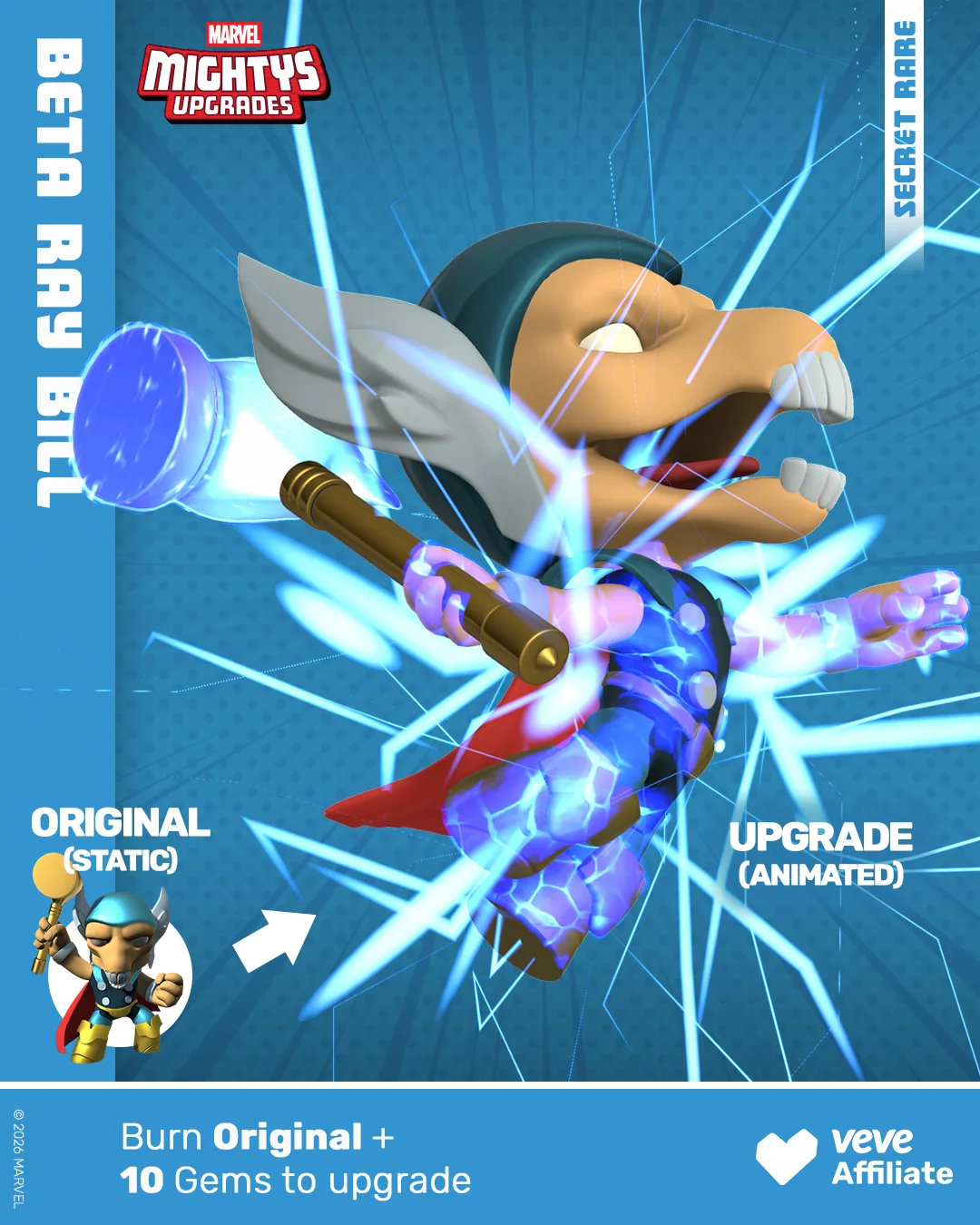 Beta Ray Bill als animiertes Marvel Mightys Upgrade mit Hammer, Originalvergleich und Secret-Rare-Hinweis.