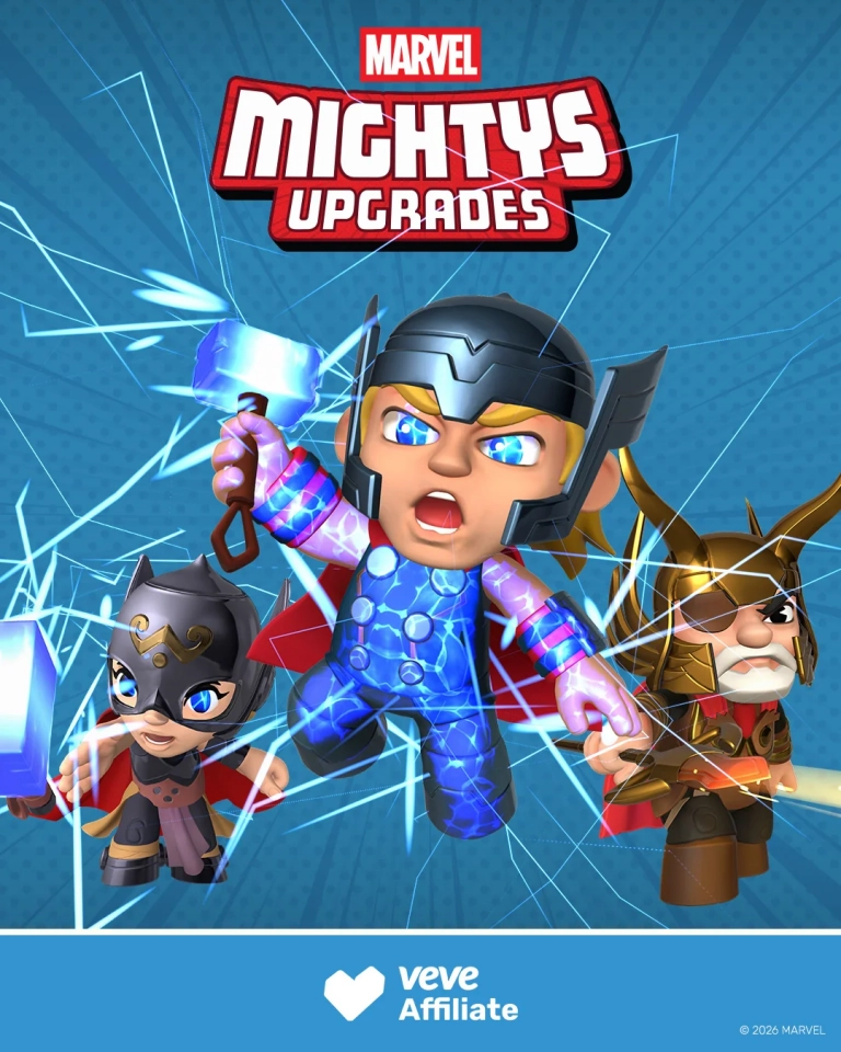 Hero-Motiv zu Marvel Mightys Thor Upgrades mit Thor im Vordergrund sowie Jane Foster und Odin vor blauem Hintergrund.