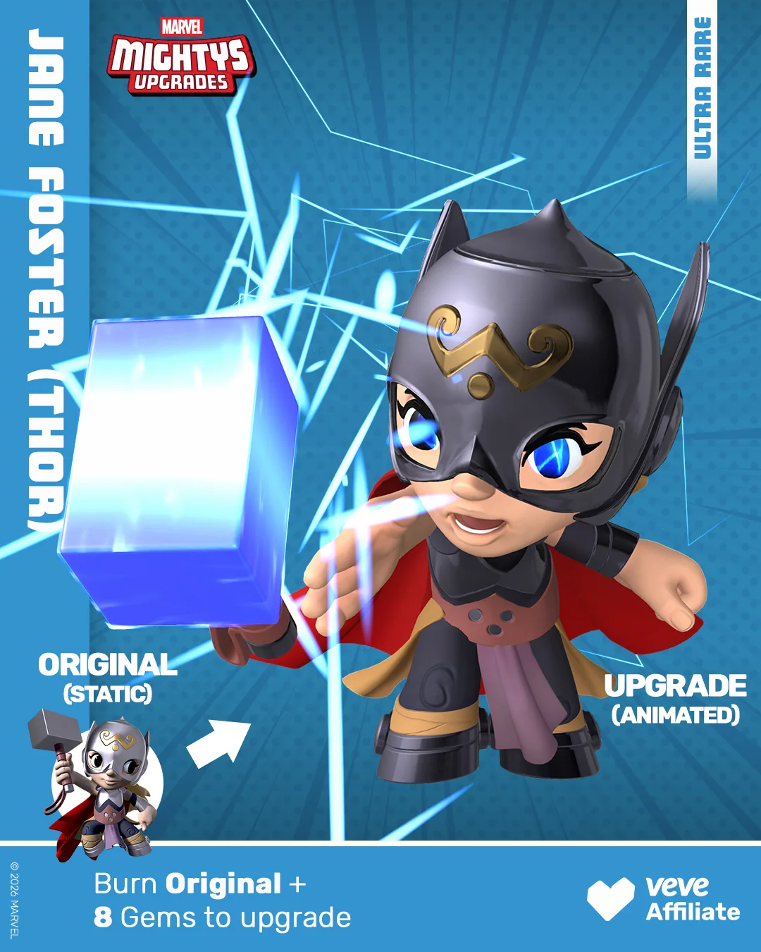 Jane Foster als Thor in der Marvel Mightys Upgrade-Version mit Hammer, Originalvergleich und Ultra-Rare-Hinweis.