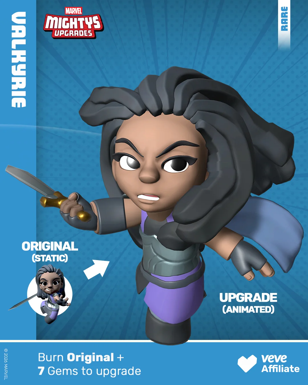 Marvel Mightys Valkyrie als animiertes Upgrade mit Schwert, Vergleich zur Originalfigur und sichtbarer Rare-Kennzeichnung.