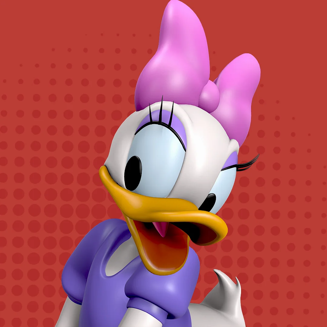 Porträt von Daisy Duck aus Mickey and Friends Series 2 auf VeVe vor rotem Hintergrund mit violetter Schleife.