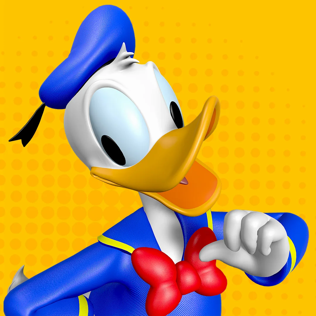 Porträt von Donald Duck aus Mickey and Friends Series 2 auf VeVe mit gelbem Hintergrund und markanter Pose.