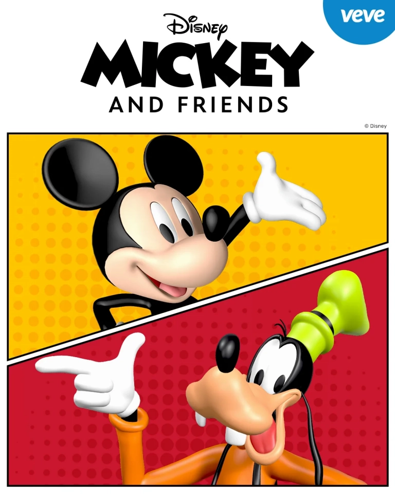 Key Visual zu Mickey and Friends Series 2 auf VeVe mit Mickey Mouse und Goofy vor gelb-rotem Pop-Art-Hintergrund.