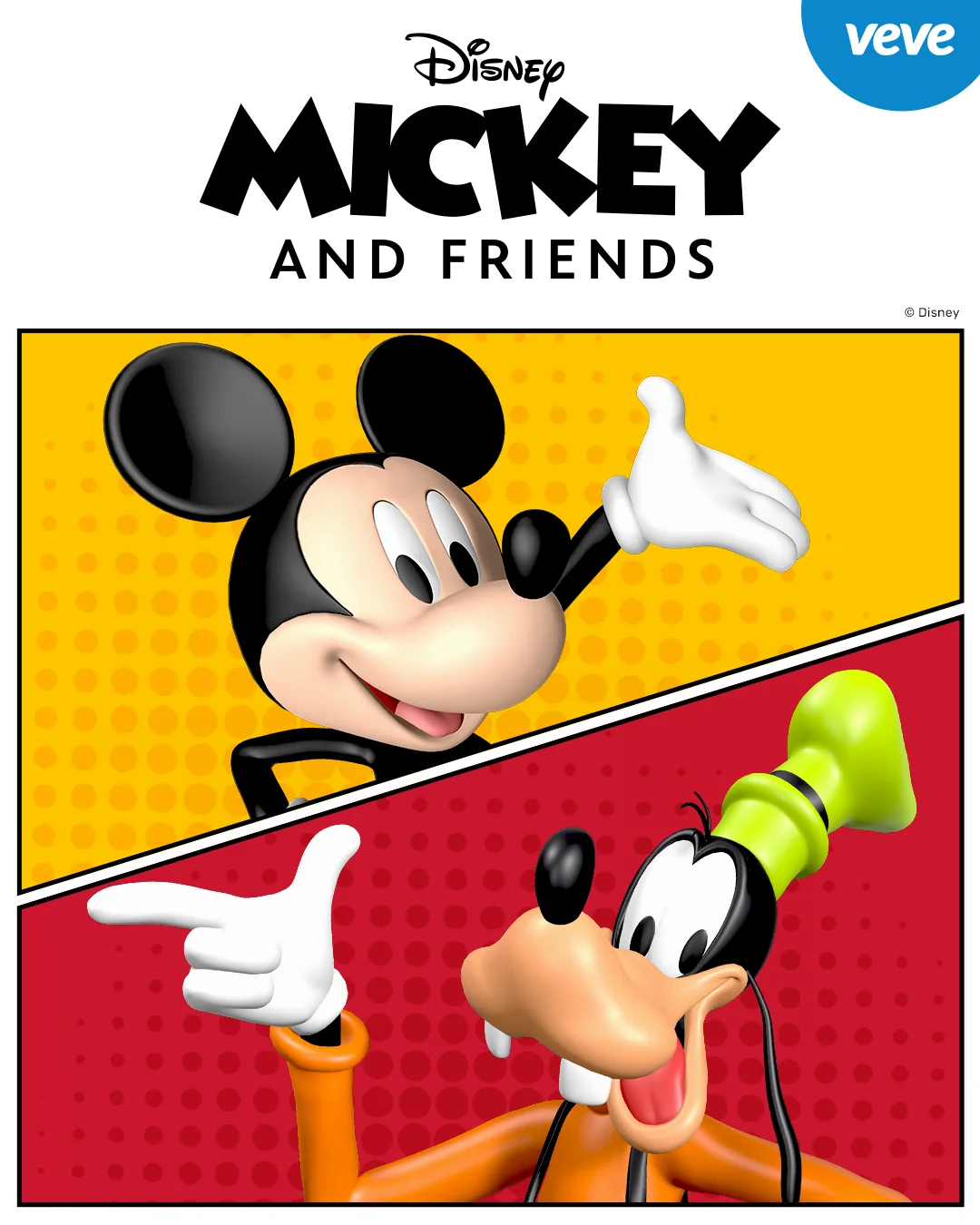 Key Visual zu Mickey and Friends Series 2 auf VeVe mit Mickey Mouse und Goofy vor gelb-rotem Pop-Art-Hintergrund.