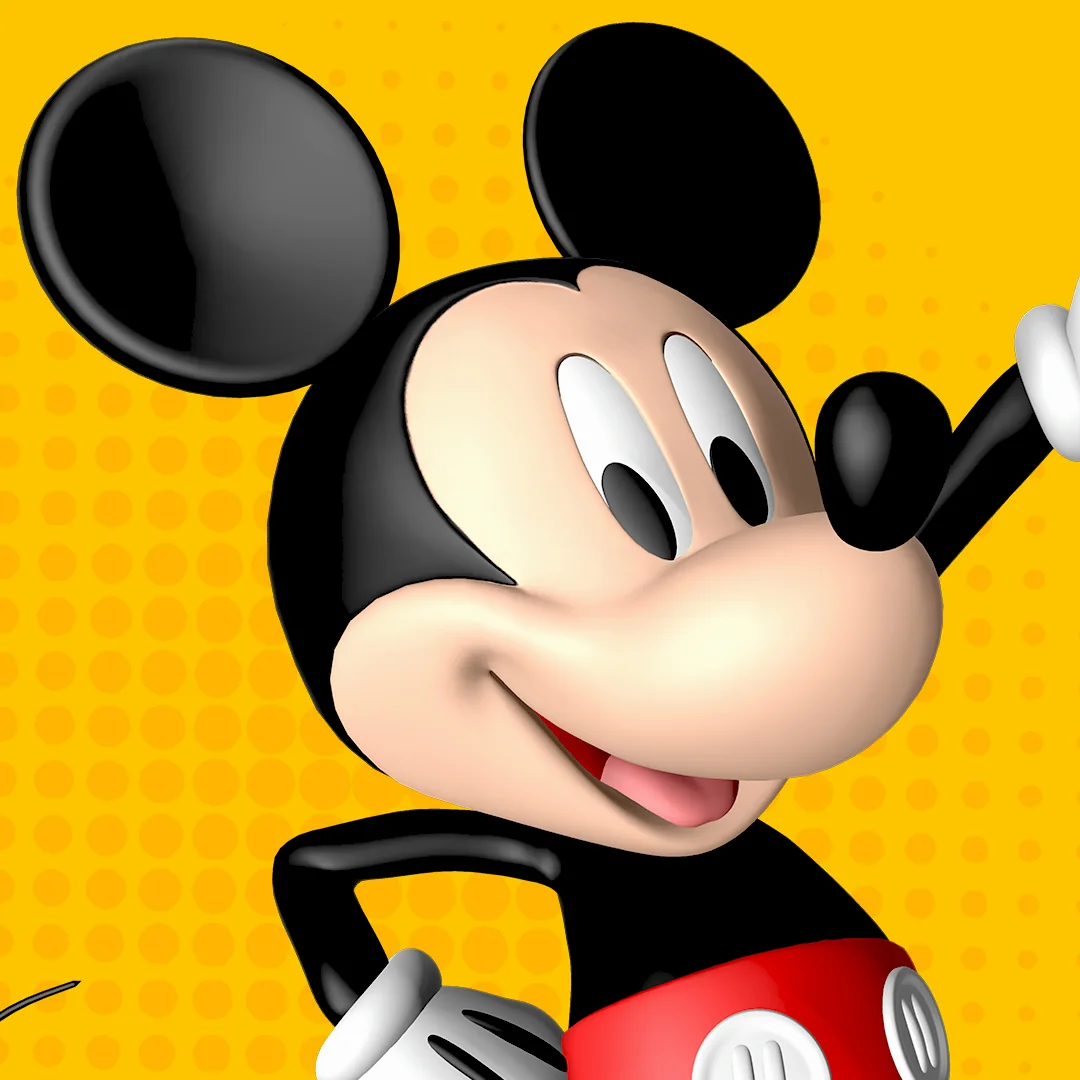 Nahes Porträt von Mickey Mouse aus Mickey and Friends Series 2 auf VeVe vor gelbem Pop-Art-Hintergrund.