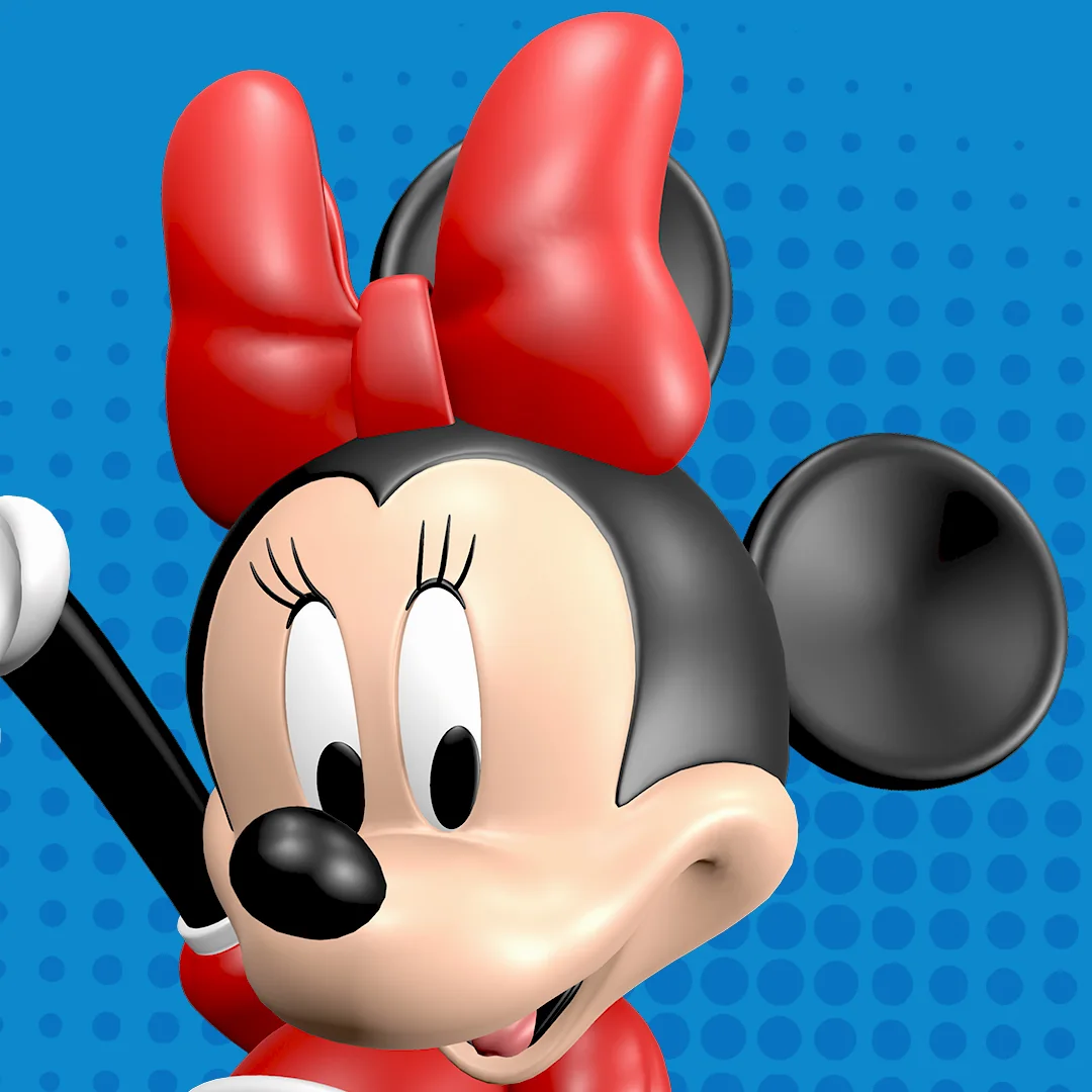 Porträt von Minnie Mouse aus Mickey and Friends Series 2 auf VeVe vor blauem Pop-Art-Hintergrund.