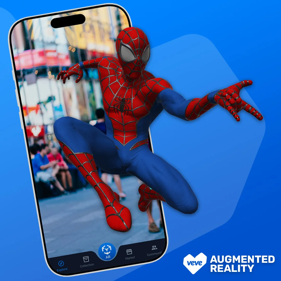 Spider-Man als digitales VeVe-Collectible in einer AR-Szene, springt aus einem Smartphone vor blauem Hintergrund.