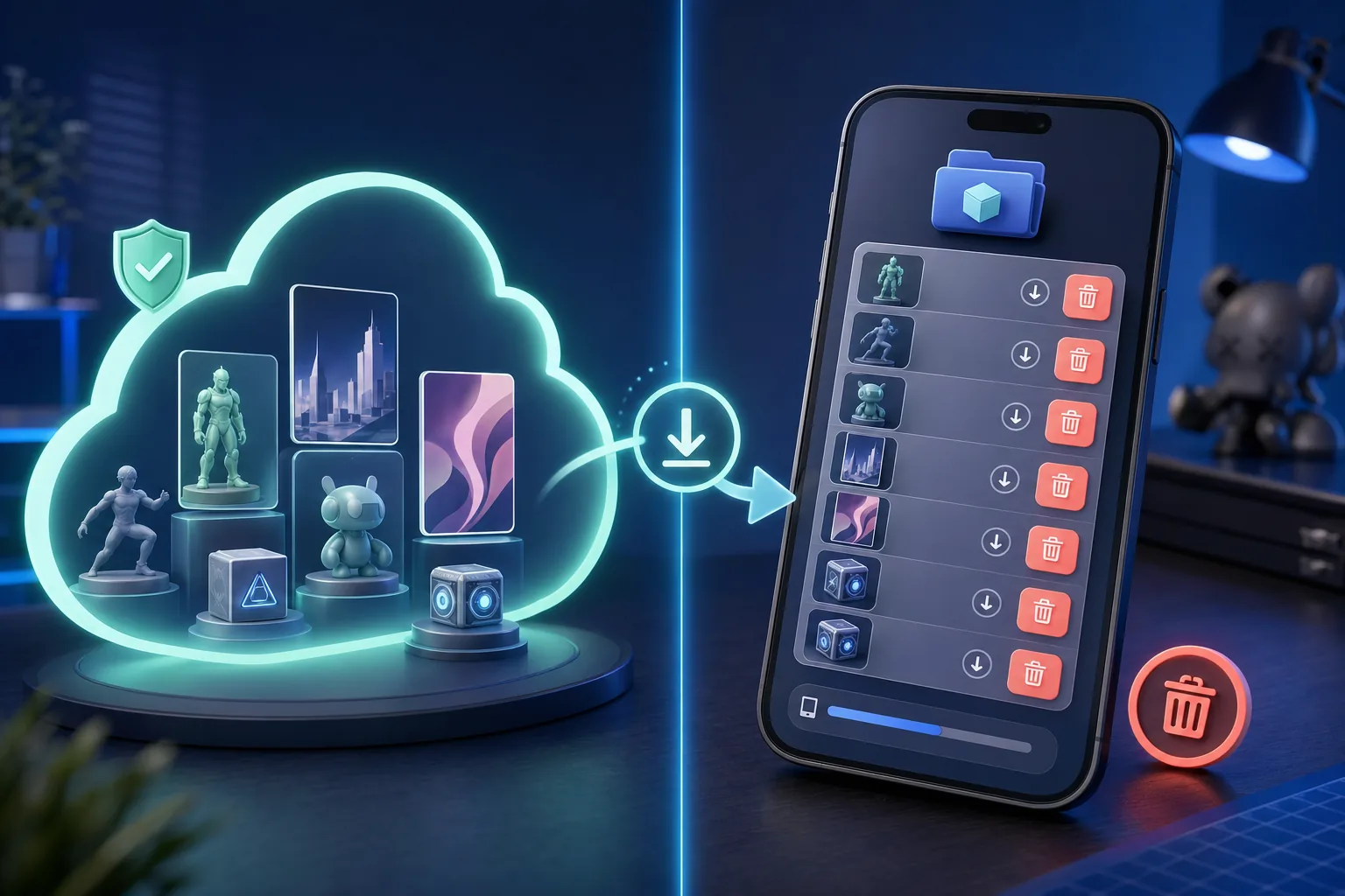 Geteilte Ansicht mit sicherem Account-Besitz und lokalem Smartphone-Speicher für VeVe My Files